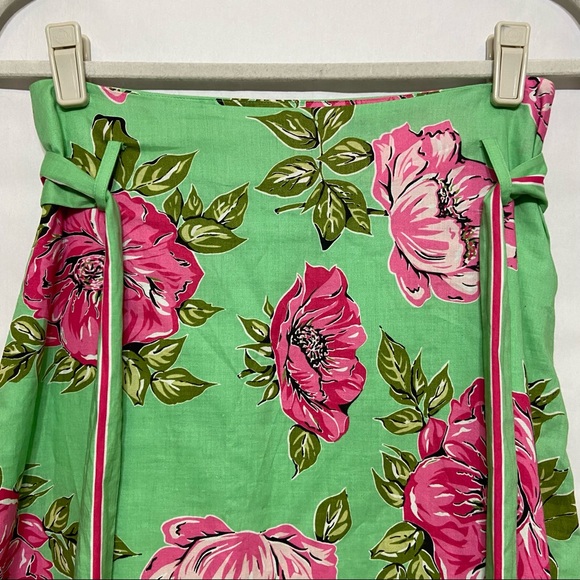 TIBI COTTON GREEN PINK FLORAL FLOWERS TIE WAIST SKIRT - Picture 10 of 15